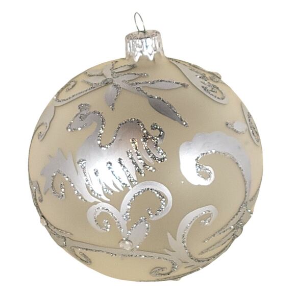 Vintage Glass Christmas Ornament 4" Silver Swan Glitter Scroll Holiday Decor - Picture 7 of 7